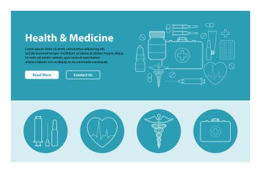 Hat sanat tasarımı web üstbilgi şablonu ile tıp düz simgeler. Modern vektör illüstrasyon kavramı Web siteleri için. Ingographics
