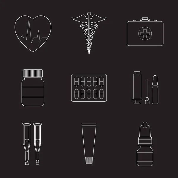 Conjunto de iconos de arte de línea de medicina simple sobre fondo de bklack — Vector de stock