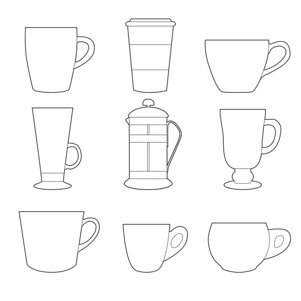 Conjunto de tazas de café de colores simples e iconos de arte de línea de prensa francesa sobre fondo blanco — Vector de stock