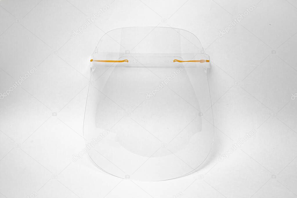 Plexiglass face shield with adjustable mounts, to protect against viruses, covid-19 virus to prevent any objects from getting into your eyes and face, close-up of elements