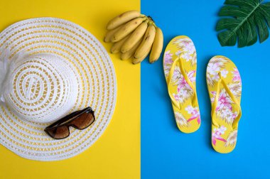 Boş alanı ile tatil metinler için en iyi görünümü gerekli modern genç bayan veya kız. Kadının yaz tatil aksesuarları. Plaj Moda, yaz konsepti. Trendy renkler. Seyahat aksesuarları.