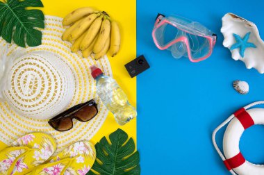 Boş alanı ile tatil metinler için en iyi görünümü gerekli modern genç bayan veya kız. Kadının yaz tatil aksesuarları. Plaj Moda, yaz konsepti. Trendy renkler. Seyahat aksesuarları.