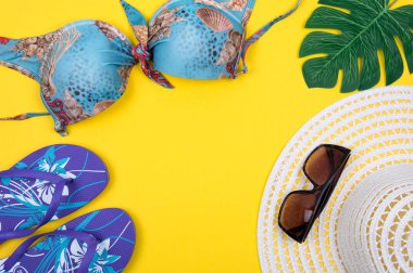 Boş alanı ile tatil metinler için en iyi görünümü gerekli modern genç bayan veya kız. Kadının yaz tatil aksesuarları. Plaj Moda, yaz konsepti. Trendy renkler. Seyahat aksesuarları.