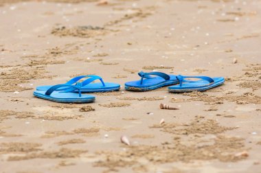 Mavi kapak yalan kumsalda floplar.