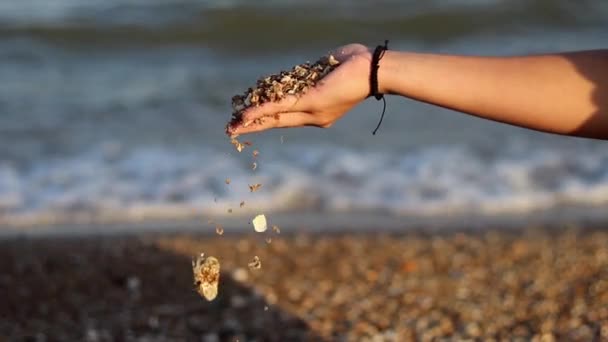 Vrouwelijke Hand giet uit van schelpen van de kust op een achtergrond van oceaan golven — Stockvideo
