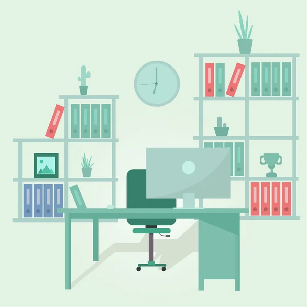 Diseño plano vector ilustración del interior de la oficina moderna. Lugar de trabajo . — Vector de stock