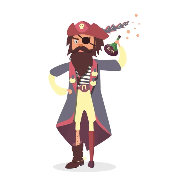 Funny cartoon character. Pirate with Rum bottle.