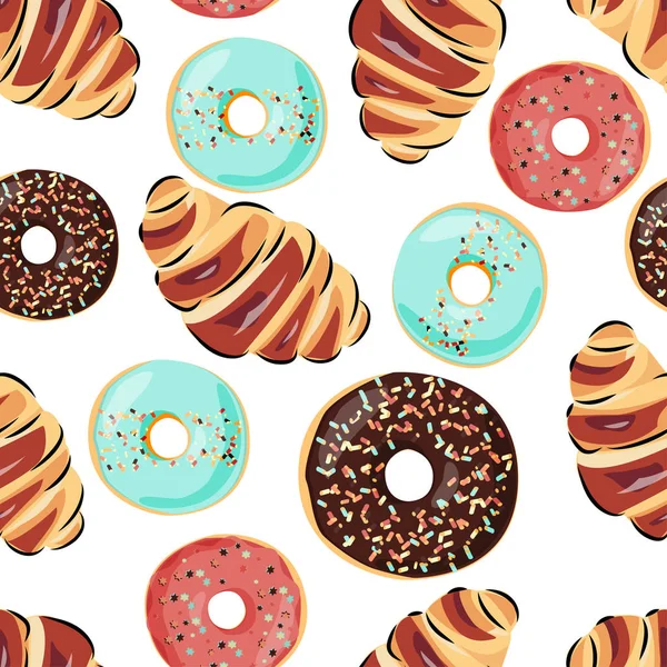 Doux motif sans couture avec croissant et beignets. Fond vectoriel pour café, design alimentaire et emballage . — Image vectorielle