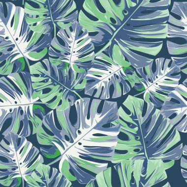 Egzotik ve pürüzsüz bir model. Canavar yapraklı tropik bir arka plan..