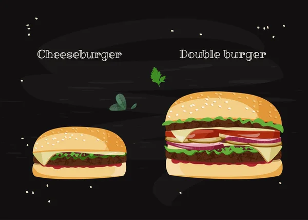 Hambúrguer de queijo e sanduíches de hambúrguer duplo. Ilustração vetorial realista sobre fundo preto . — Vetor de Stock