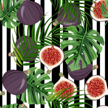 İncir, palmiye ve canavar yapraklarıyla kusursuz bir desen. Parlak tropikal arkaplan.