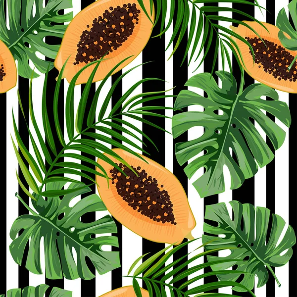Nahtloses Vektormuster mit Papaya, Monstera und Palmblättern. — Stockvektor