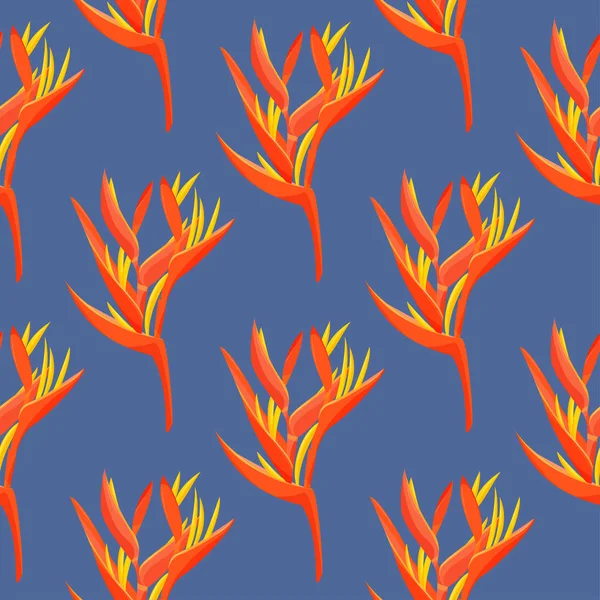 Tropical orange plants background. Heliconia and strelizia flowers vector illustration.