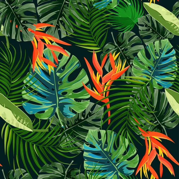 Tropical Orange Plants Background Heliconia Strelizia Flowers Vector Illustration — Stock Vector