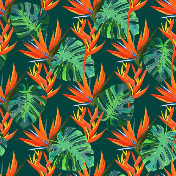 Fondo Oscuro Verano Patrón Sin Costuras Con Plantas Exóticas — Vector de stock