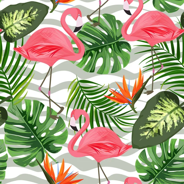 Kusursuz desen. Egzotik bitkiler ve flamingoyla tropikal arka plan.