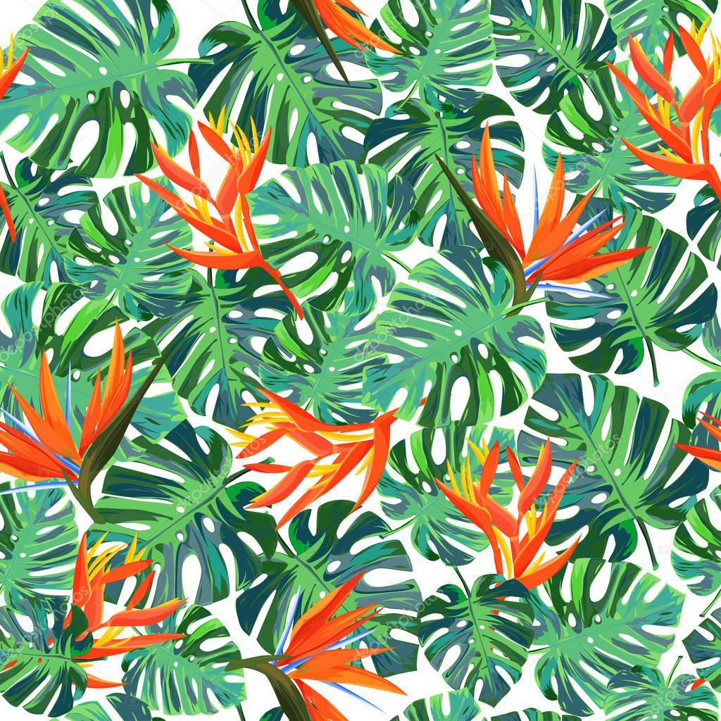Summer bright background. Seamless pattern with exotic plants.