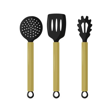 Spatula ve Skimmer. Vektör çizimi. Mutfak araçları ve Mutfak aletleri simgesi.