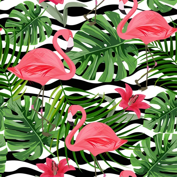 Kusursuz desen. Egzotik bitkiler ve flamingoyla tropikal arka plan.