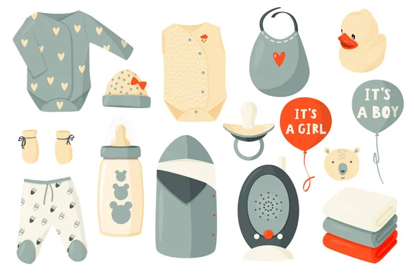 Plochá Vektorová Ilustrace Roztomilá Sada Oblečení Pro Novorozence Dětský Dekor — Stockový vektor