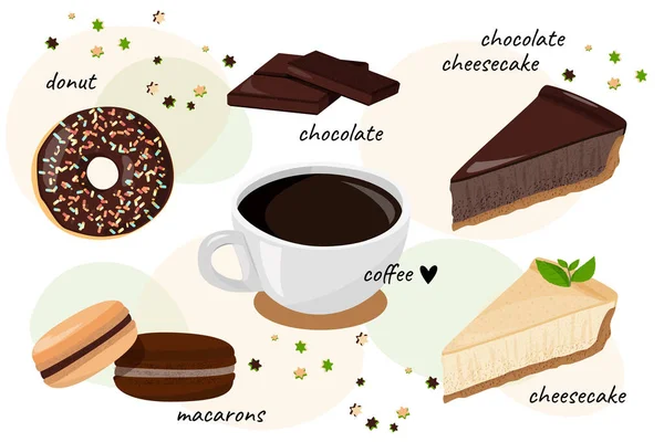 Słodka Kolekcja Wektorów Zestaw Czekoladowych Słodyczy Ciast Innych Deserów Kawy — Wektor stockowy