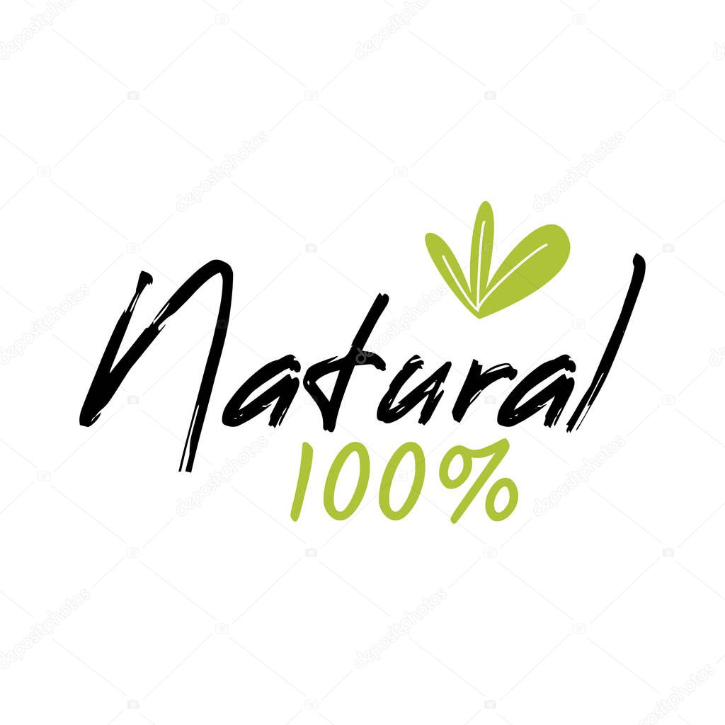 Isoalted on white background. Handwritten style Natural lettering with green leaf.
