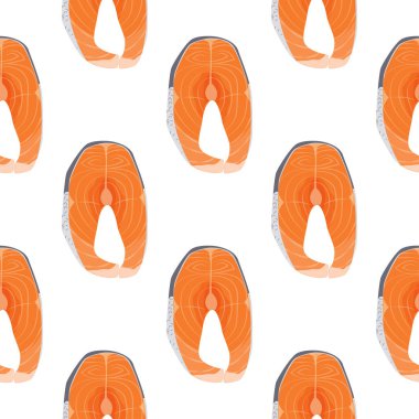 Taze organik deniz ürünleri. Vektör arkaplanı. Düz somon bifteği dikişsiz desen.