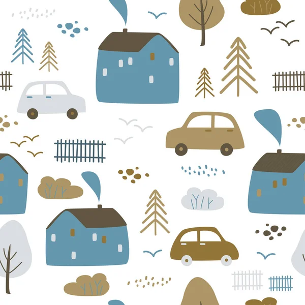 Kids simple background. Cute houses seamless pattern.