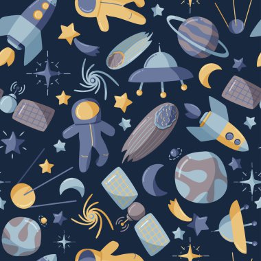 Sevimli uzay seamless modeli. Renkli çocuklar arka plan.