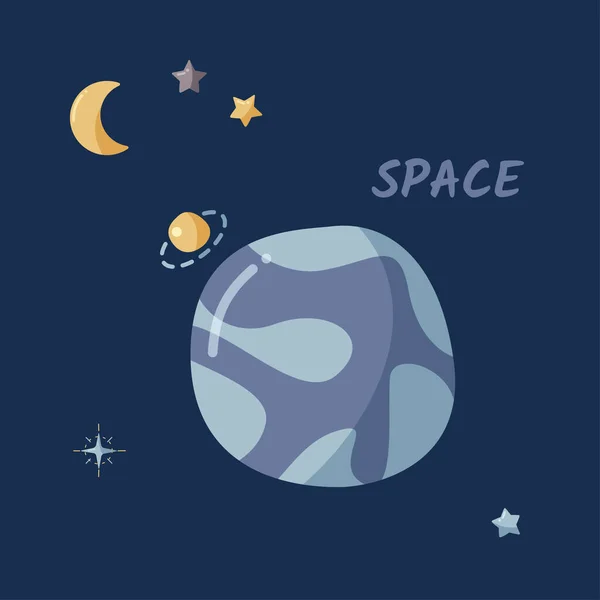 Planète unique et ciel étoilé dans un espace ouvert. Illustration vectorielle plate. Modèle d'espace enfants . — Image vectorielle