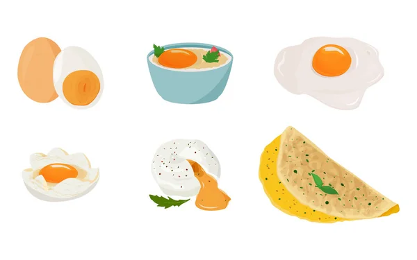 Cocinar huevos de diferentes maneras. Conjunto de ilustraciones para preparar comidas . — Vector de stock