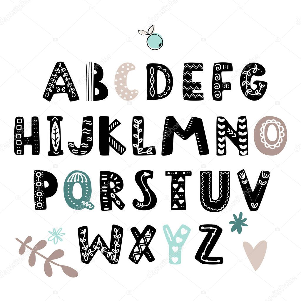Vector alphabet scandinavian style. Kids poster with hand drawn letters, abc.