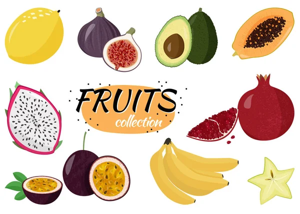 Taze meyve vektör koleksiyonu. Bir dizi tatlı meyve. Limon, papaya, ejderha meyvesi, nar, tutku meyvesi, muz, yıldız meyvesi.. — Stok Vektör