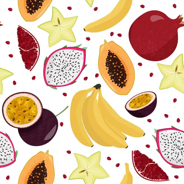 Padrão sem costura vetorial com frutas. Bananas frescas, mamão, carambola, maracujá e pitahaya fundo . — Vetor de Stock