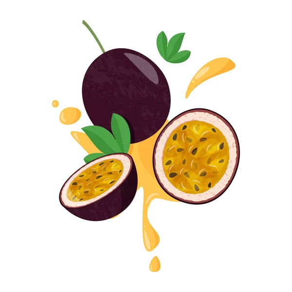 Ilustração Vetor Frutas Frescas Com Salpicos Suculentos Maracujá Inteiro Com — Vetor de Stock