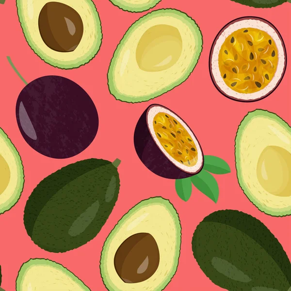 Exotic meal background. Whole fresh avocado and half and passion fruit seamless pattern.