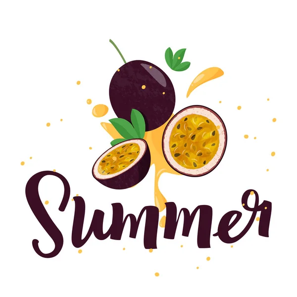 Illustration Vectorielle Fruits Frais Avec Éclaboussures Juteuses Lettrage Manuscrit Summer — Image vectorielle