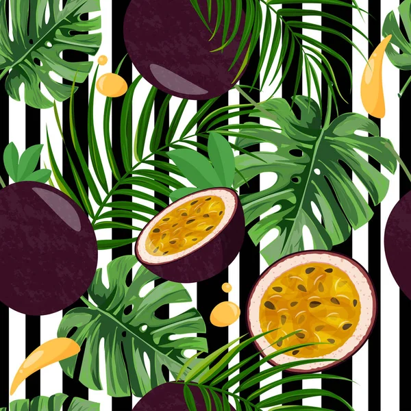Tropische Blätter Und Früchte Hintergrund Nahtloses Muster Mit Ganzen Passionsfrüchten — Stockvektor