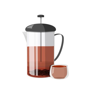 Beyaz arka planda izole edilmiş gerçekçi vektör çizimi. İçinde siyah çay olan Fransız presi..