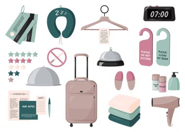 Gezici illüstrasyon koleksiyonu. Otel odalarında kalmak.