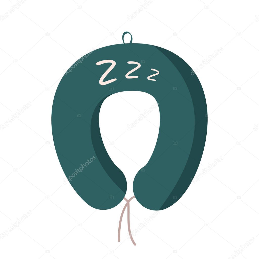 Item for comfort sleeping in bus, train, airplane. Neck support. Soft green travel pillow vector illustration.
