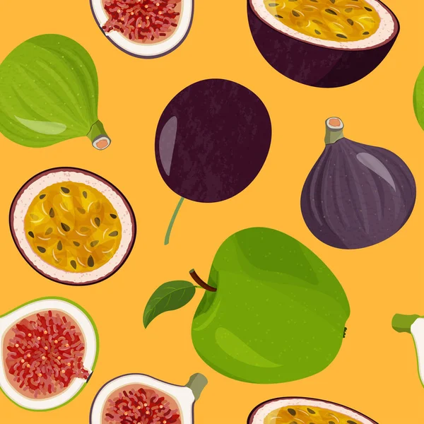 Πράσινα Μήλα Σύκα Και Φρούτα Του Πάθους Φρέσκα Φρούτα Χωρίς — Διανυσματικό Αρχείο