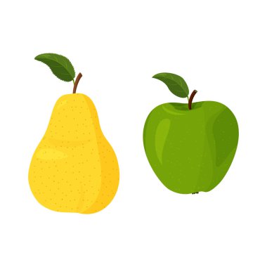 Beyaz arka planda yalıtılmış armut meyvesi. Taze sarı armut ve yeşil yapraklı yeşil elma..