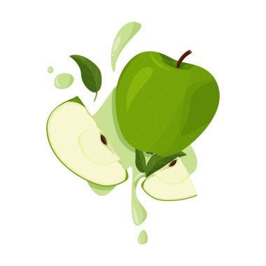 Beyaz arka planda sulu su damlaları olan taze meyve. Ayrıntılı büyük parlak yeşil elmanın vektör çizimi.