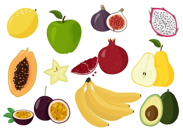 Een Setje Zoete Vruchten Citroen Vijgen Avocado Papaya Draak Fruit — Stockvector