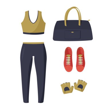 Beyaz arkaplanda izole edilmiş basit vektör çizimi. Dar takım elbiseli kadınlar, kırmızı spor ayakkabılar, koyu mavi çanta ve spor eldivenler..
