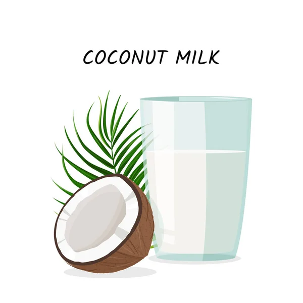 Isolated White Background Whole Half Coconuts Glass Coconut Milk Green — Stock Vector