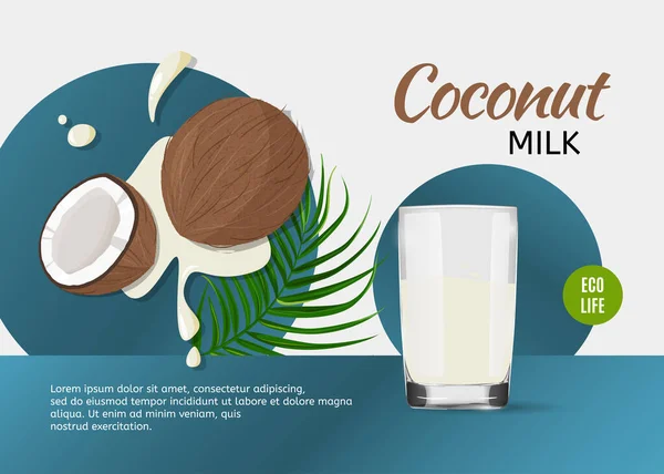 带有Cocomilk飞溅的广告模板 整整半只椰子和一杯绿叶椰奶 — 图库矢量图片