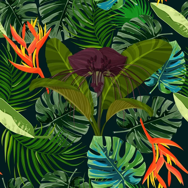 Tropical Exótica Planta Patrón Sin Costura Color Púrpura Oscuro Flor — Vector de stock