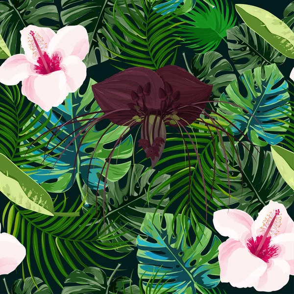Tropische Exotische Pflanze Nahtlose Muster Dunkel Lila Tacca Blume Und — Stockvektor